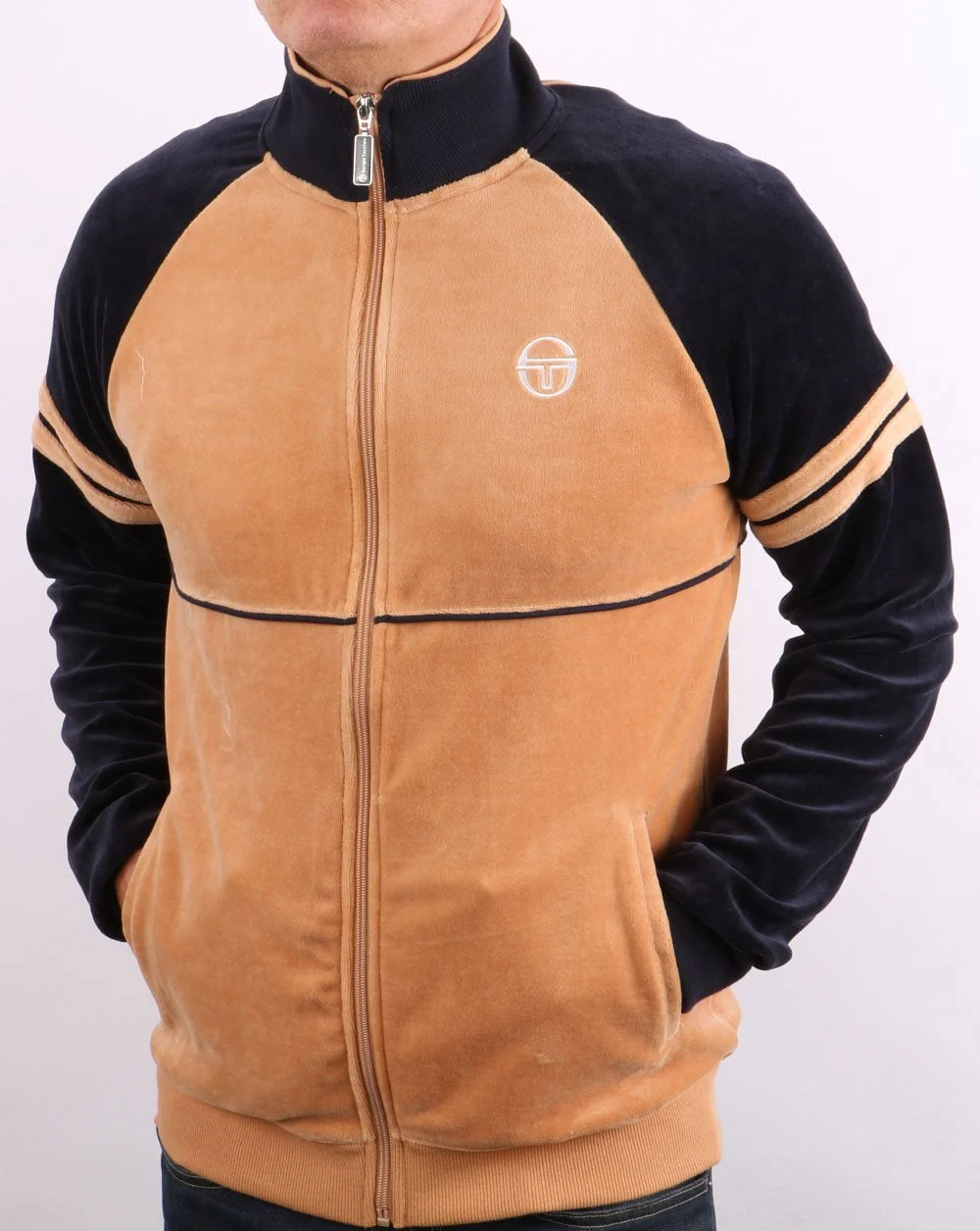 Sergio Tacchini Orion Velour Track Top Tan/Navy - Image 2
