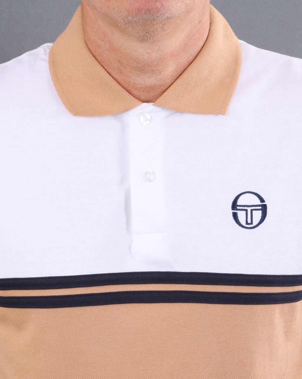 Sergio Tacchini Split Polo Shirt White/Tan/Navy - Image 2