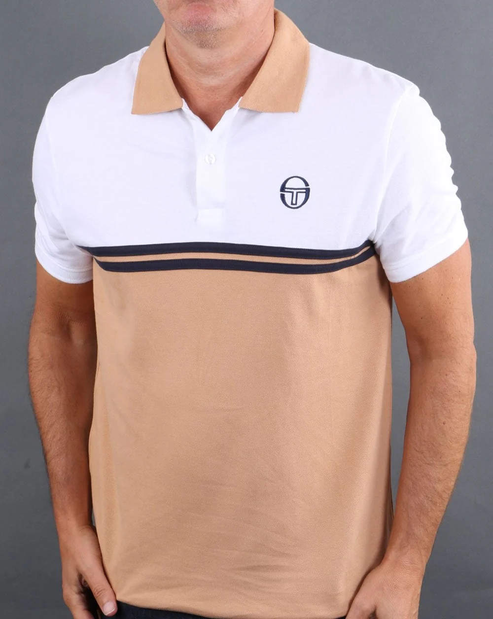 Sergio Tacchini Split Polo Shirt White/Tan/Navy - Image 3