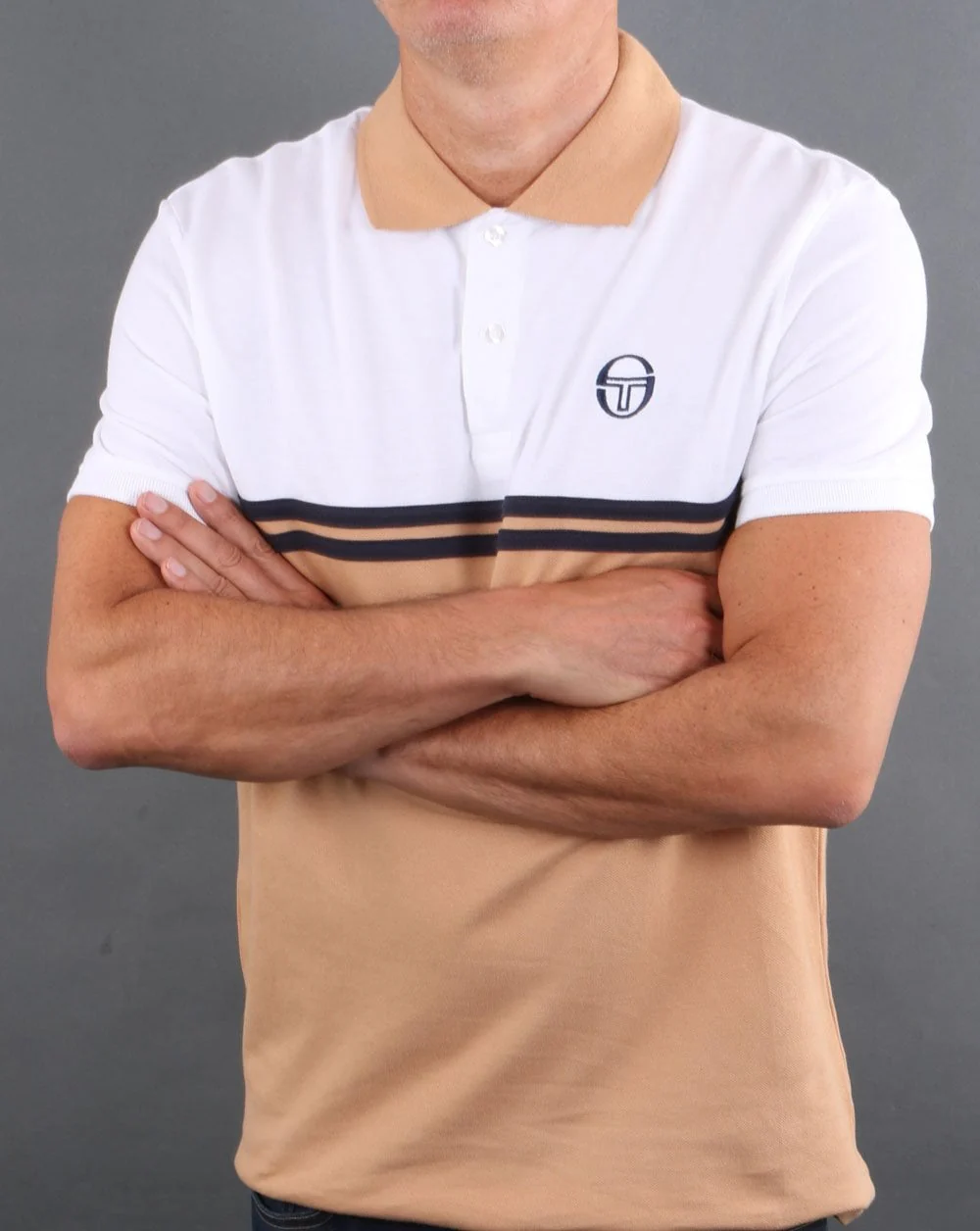Sergio Tacchini Split Polo Shirt White/Tan/Navy - Image 4