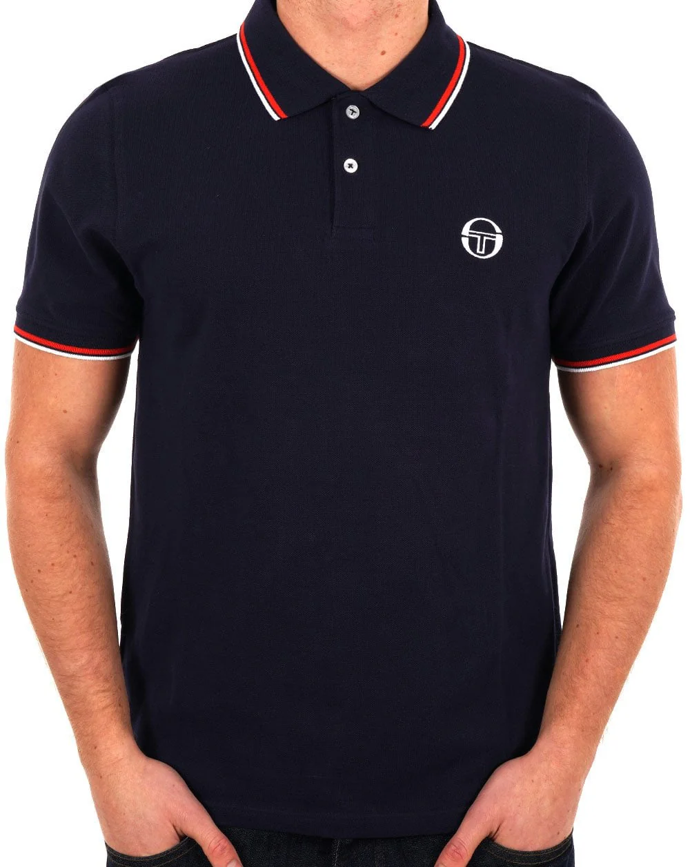 Sergio Tacchini Tipped Polo Shirt Navy Blue/Red - Image 2