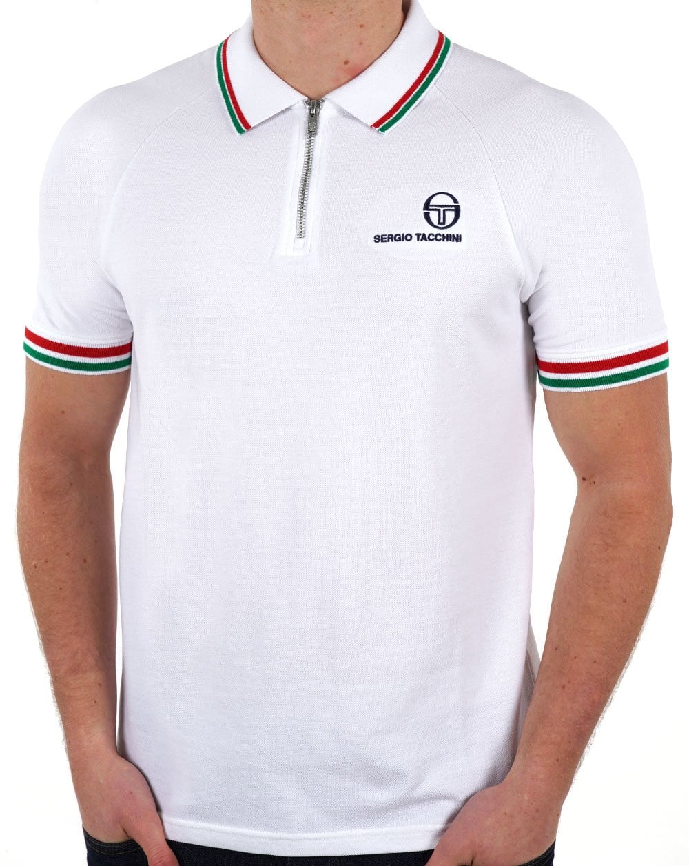 Sergio Tacchini Tipped Zip Polo Shirt White Green Red - Image 2