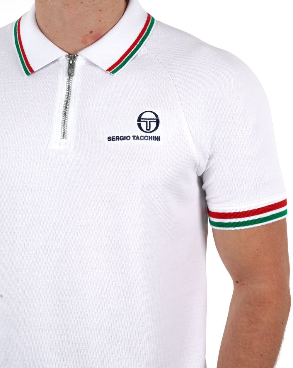Sergio Tacchini Tipped Zip Polo Shirt White Green Red - Image 3