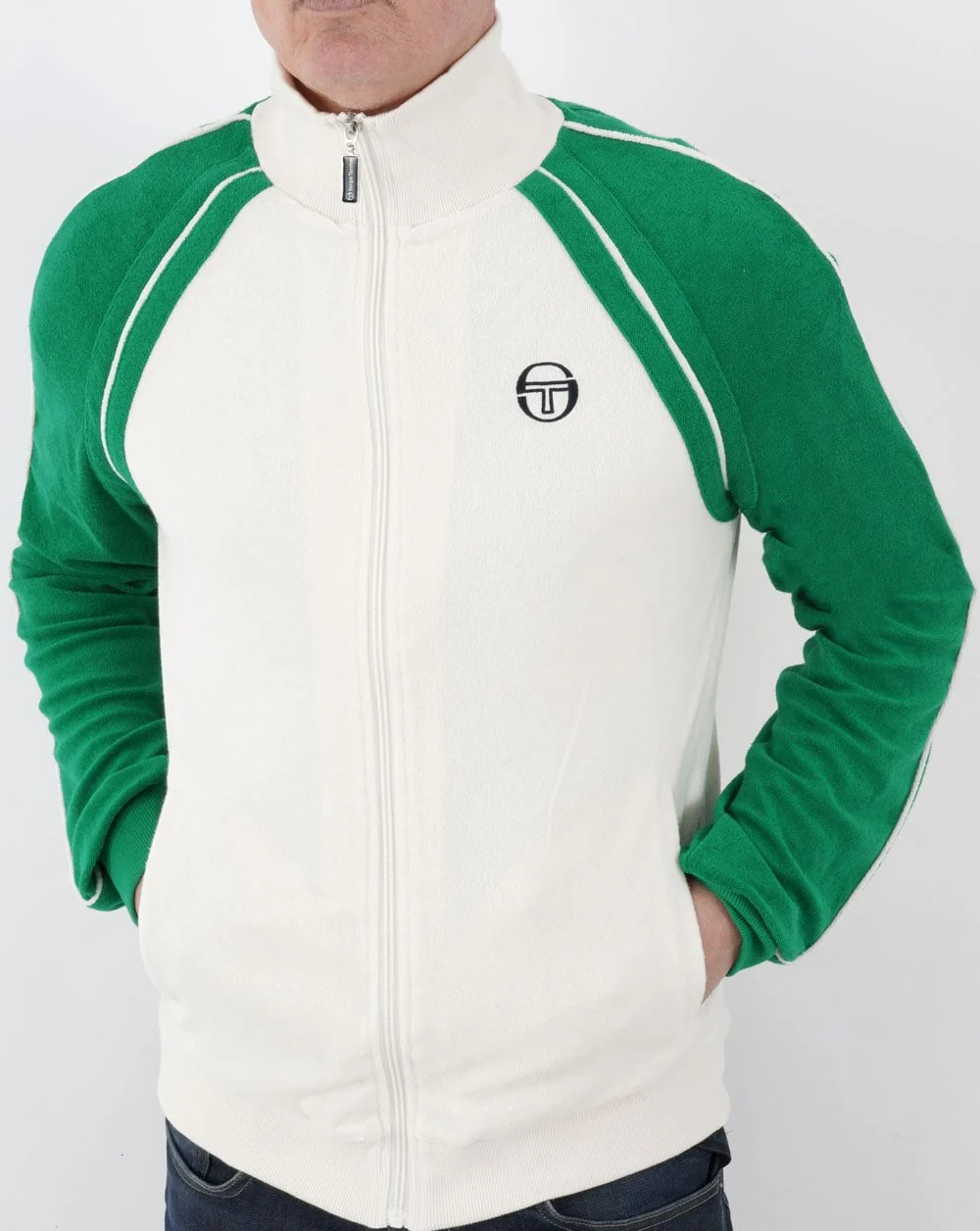 Sergio Tacchini Towelling Retro Track Top White/Green - Image 2