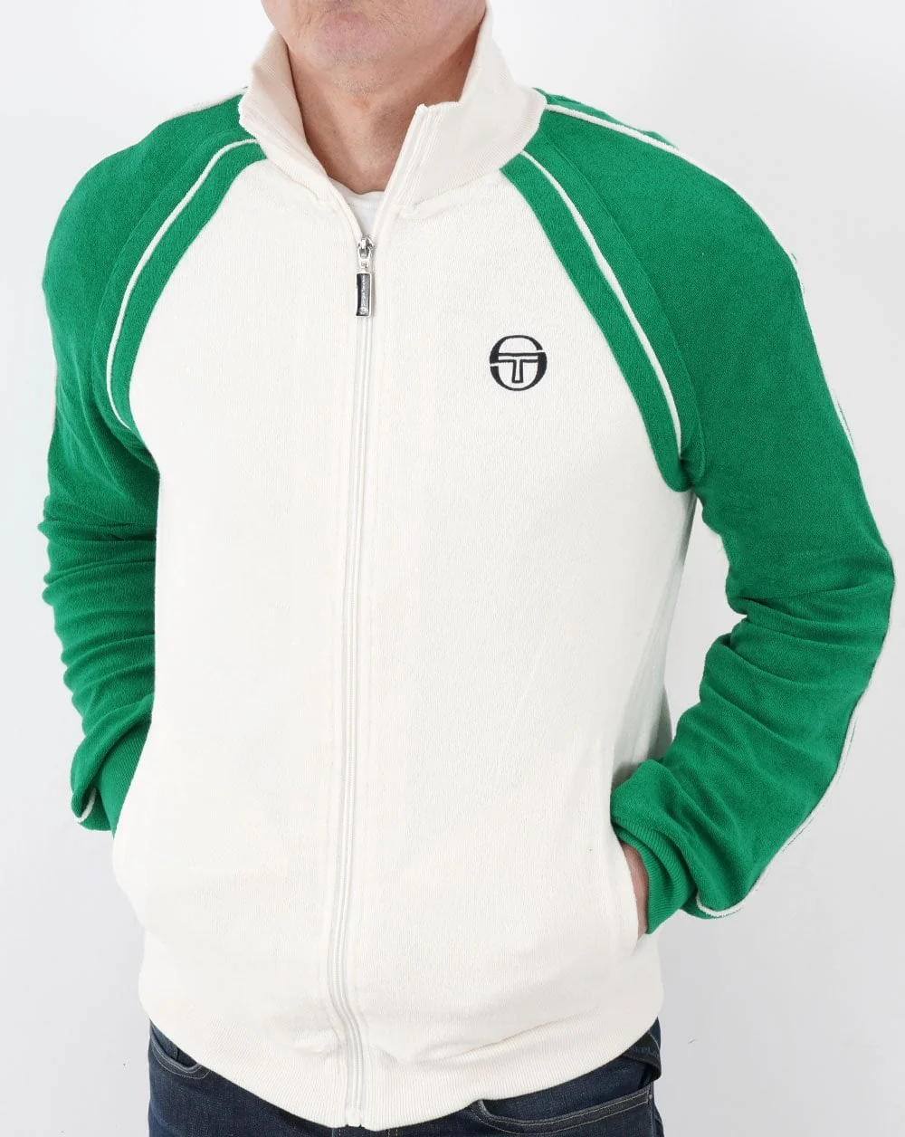 Sergio Tacchini Towelling Retro Track Top White/Green - Image 4