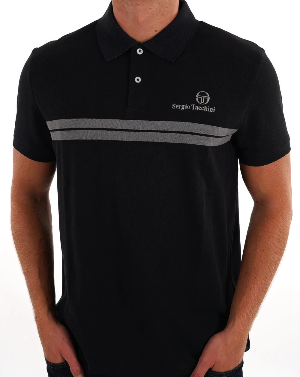 Sergio Tacchini Twin Stripe Polo Shirt Black Grey