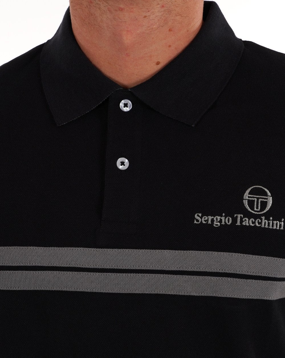 Sergio Tacchini Twin Stripe Polo Shirt Black Grey - Image 2