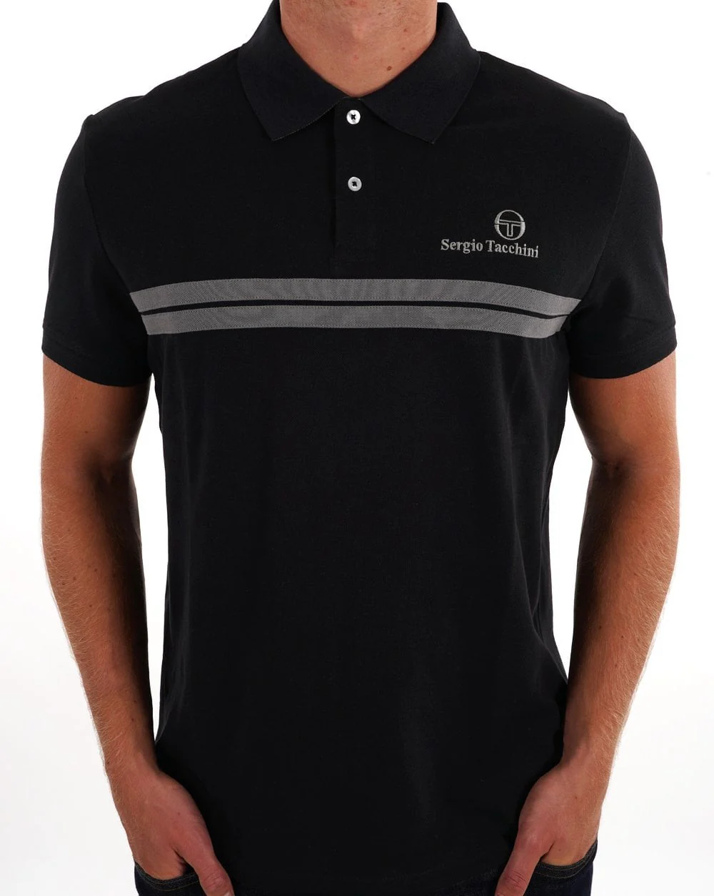 Sergio Tacchini Twin Stripe Polo Shirt Black Grey - Image 3