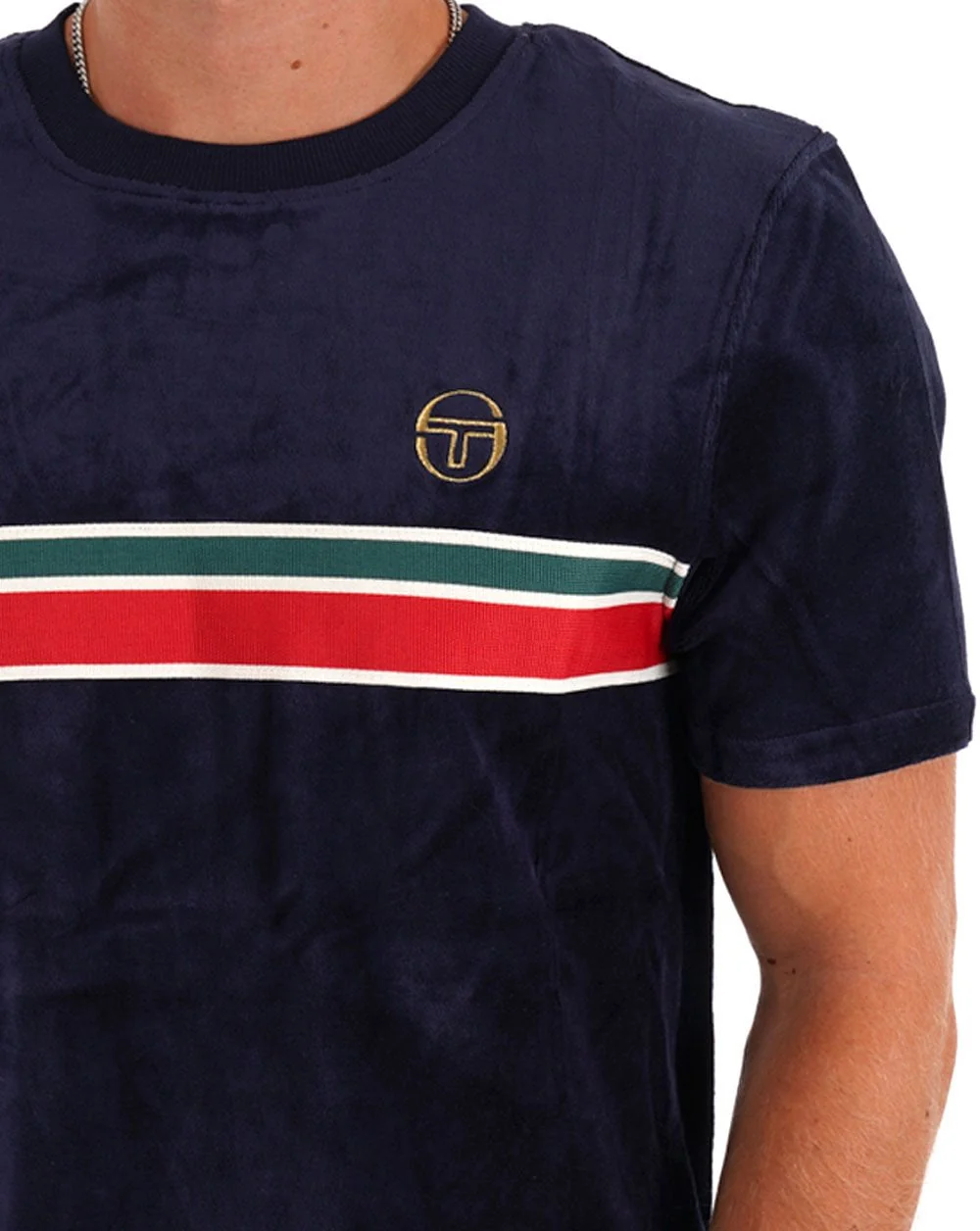Sergio Tacchini Velour Chest Stripe T Shirt Navy - Image 2