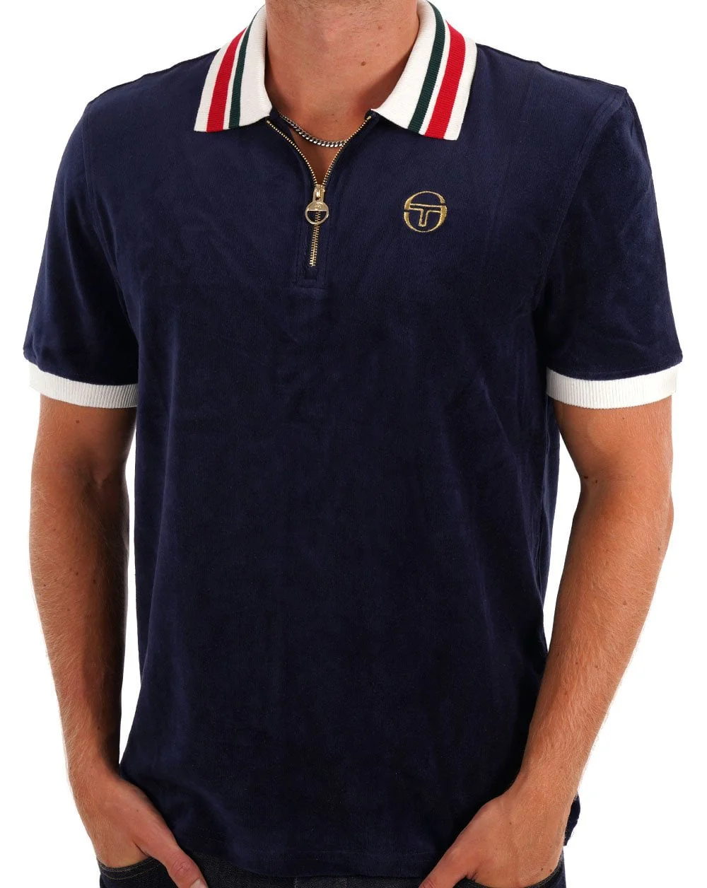 Sergio Tacchini Velour Tipped Zip Polo Navy - Image 2