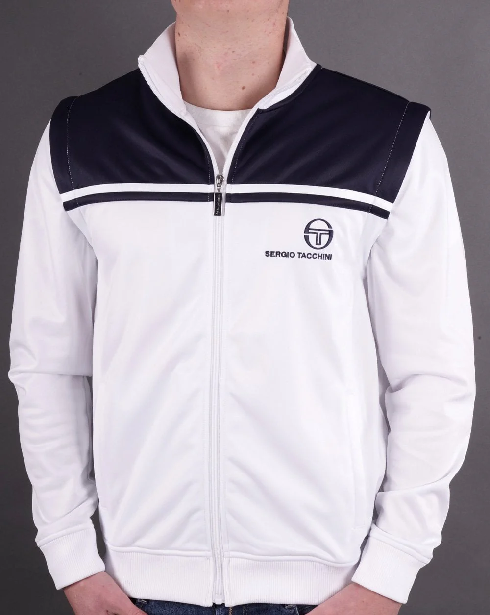 Sergio Tacchini Young Line Zip Off Track Top White Navy - Image 3