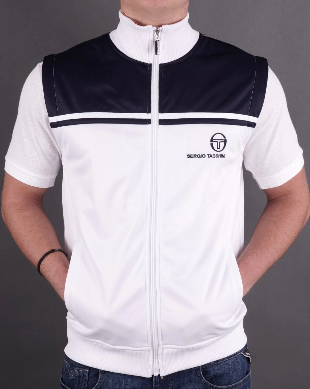Sergio Tacchini Young Line Zip Off Track Top White Navy - Image 5