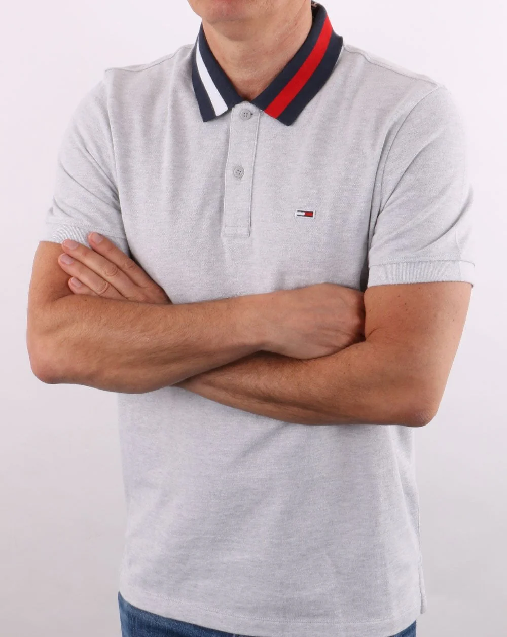Tommy Jeans Flag Neck Polo Shirt Silver Grey Heather - Image 2