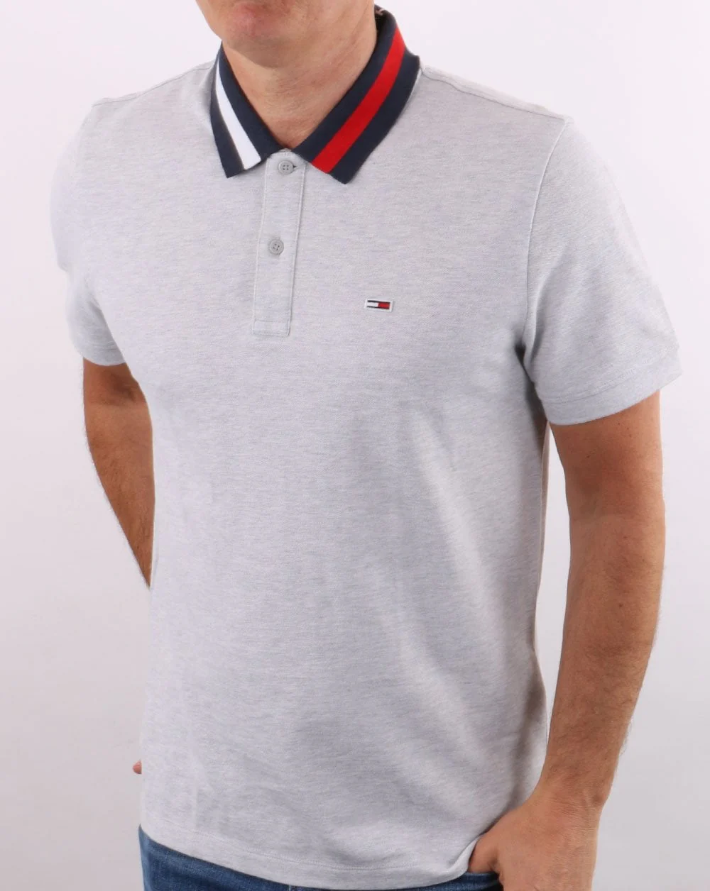 Tommy Jeans Flag Neck Polo Shirt Silver Grey Heather - Image 4