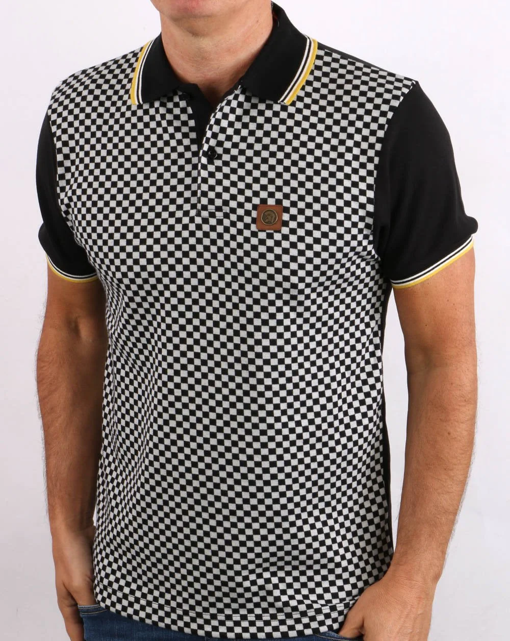 Trojan 2 Tone Chequerboard Polo Shirt Black - Image 4