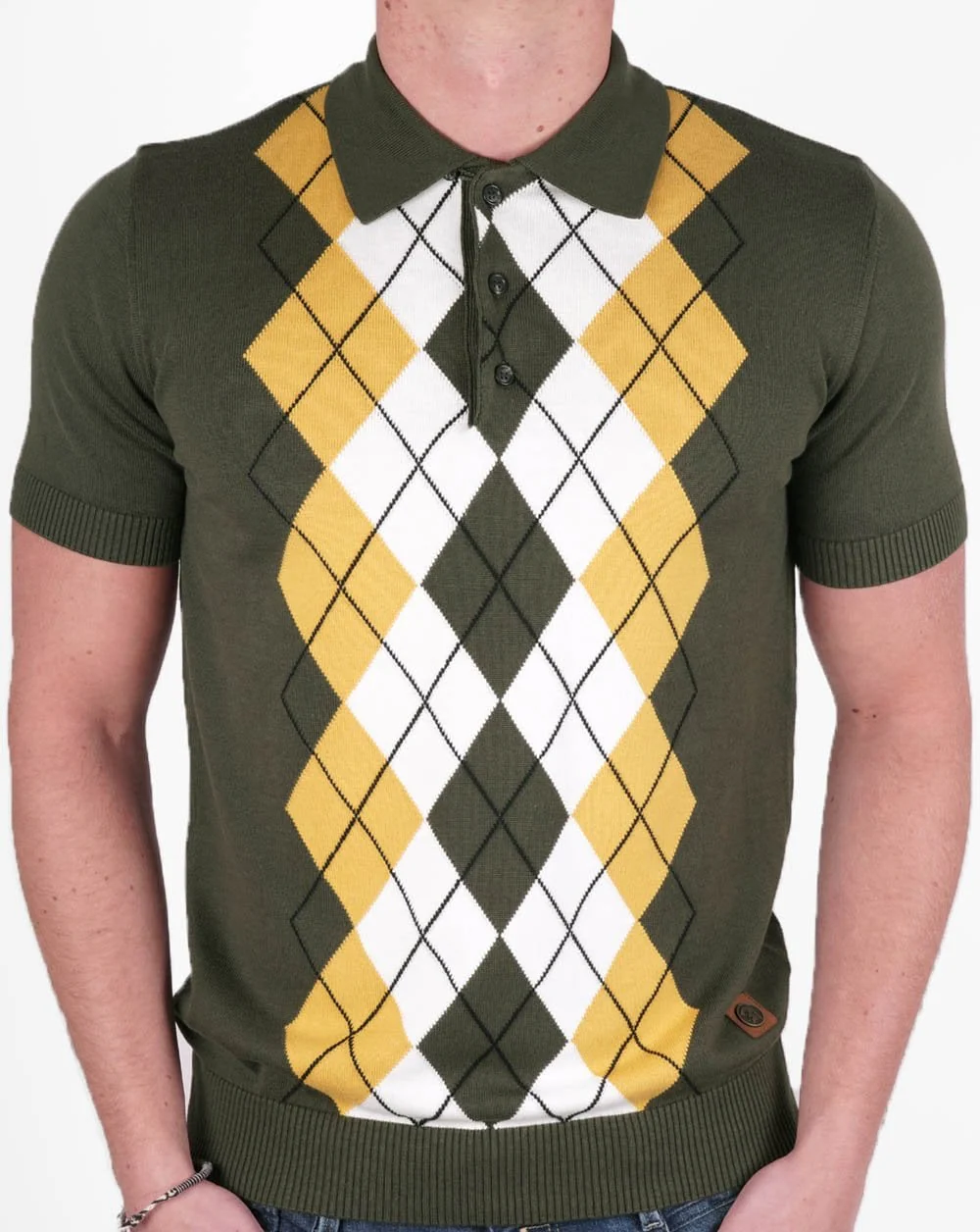 Trojan Argyle Fine Knit Polo Army/Gold