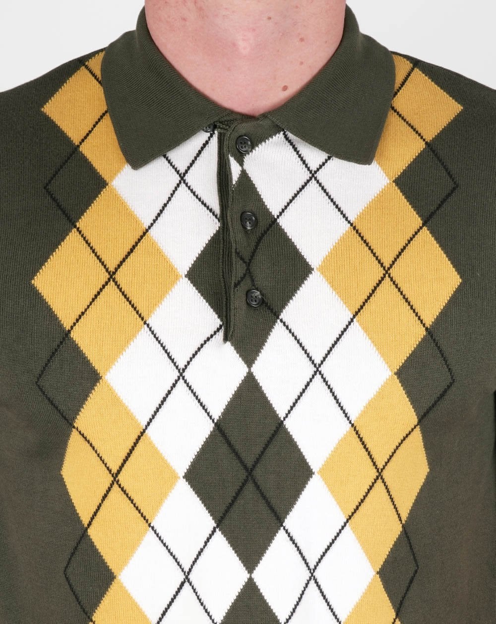 Trojan Argyle Fine Knit Polo Army/Gold - Image 2