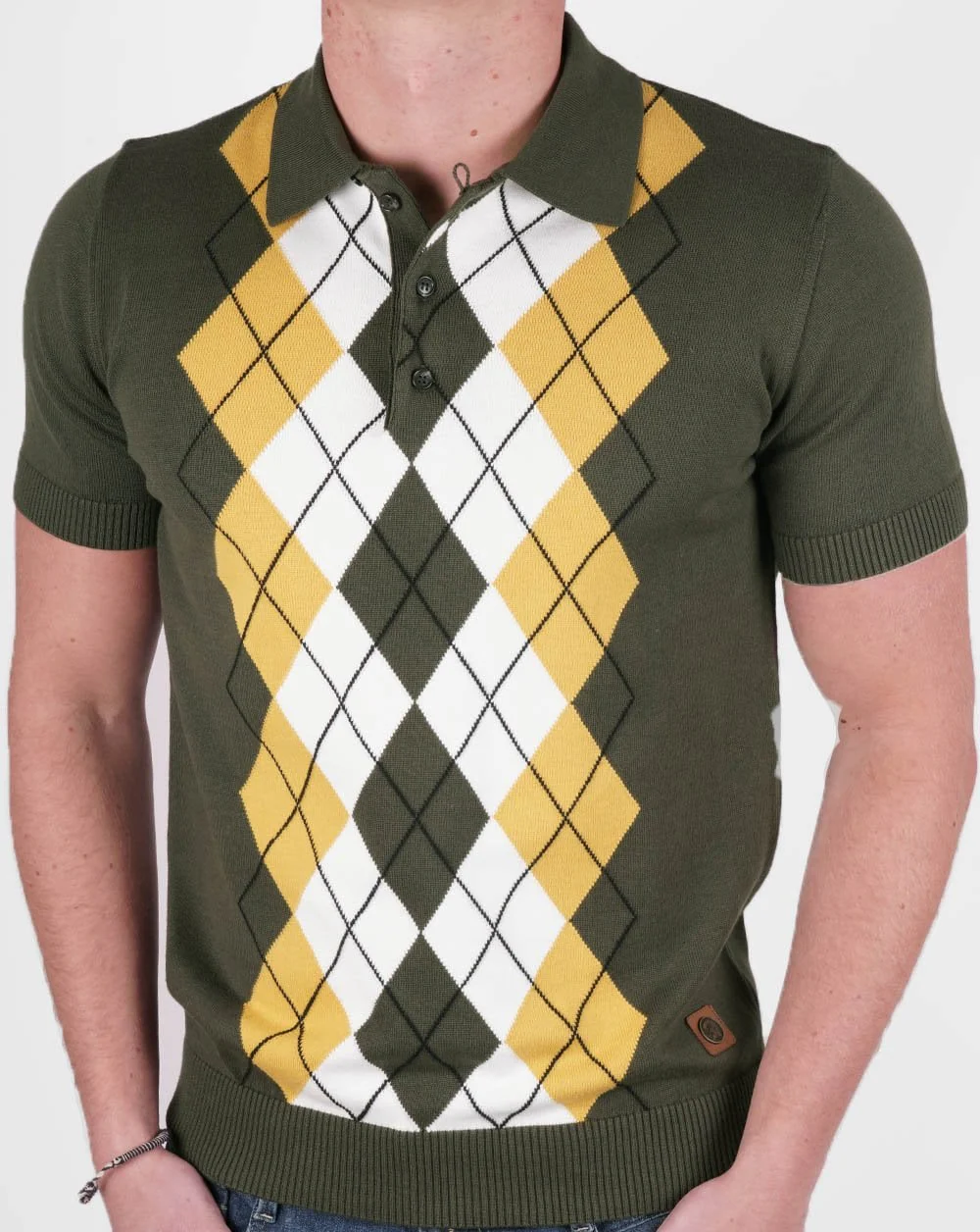 Trojan Argyle Fine Knit Polo Army/Gold - Image 3