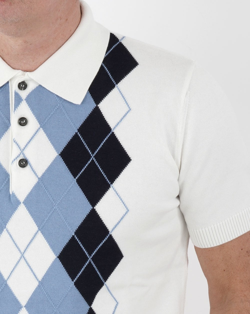 Trojan Argyle Fine Knit Polo White-Sky-Navy - Image 2