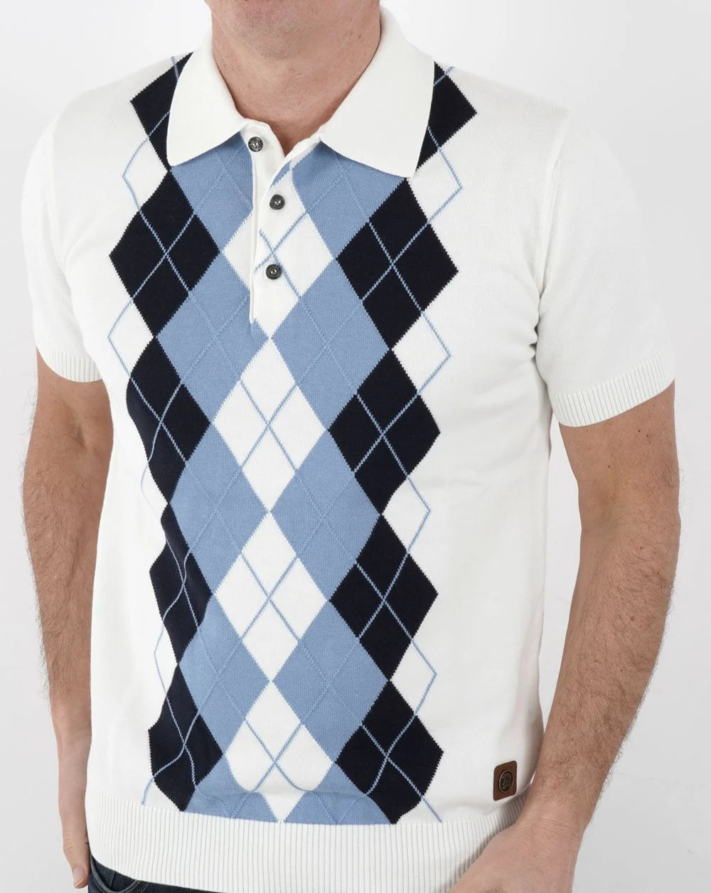 Trojan Argyle Fine Knit Polo White-Sky-Navy - Image 3