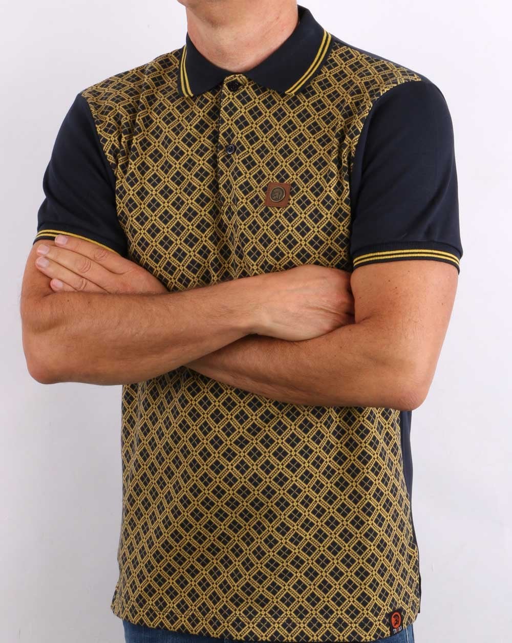 Trojan Argyle Panel Polo Shirt Navy - Image 3