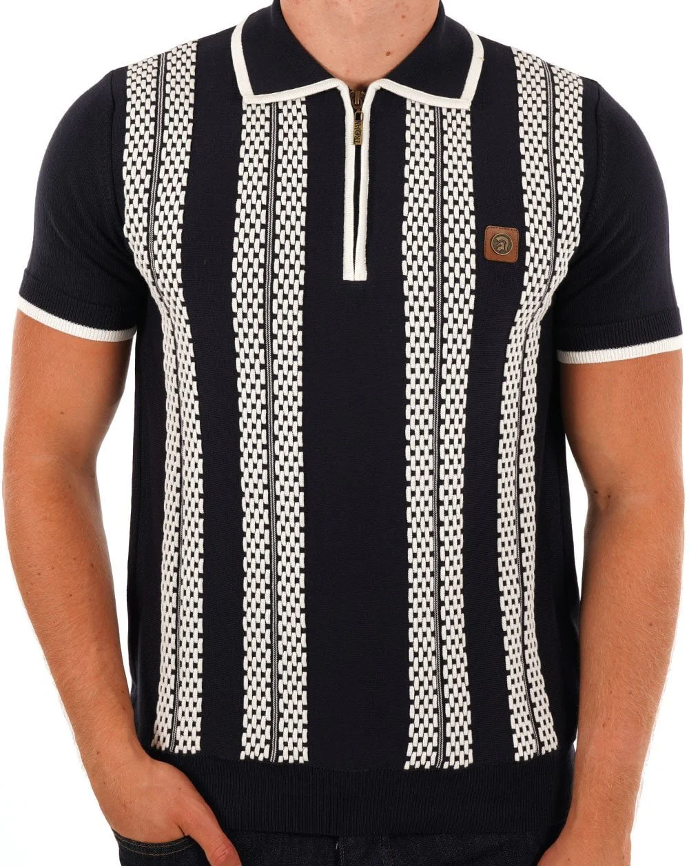Trojan Chain Stripe Zip Polo Navy - Image 3