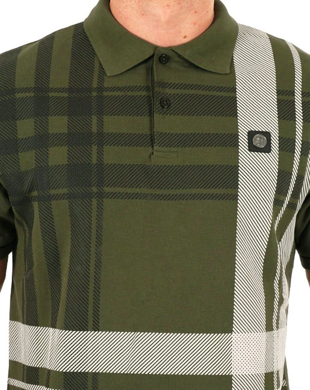 Trojan Check Panel Polo Shirt Army Green - Image 2