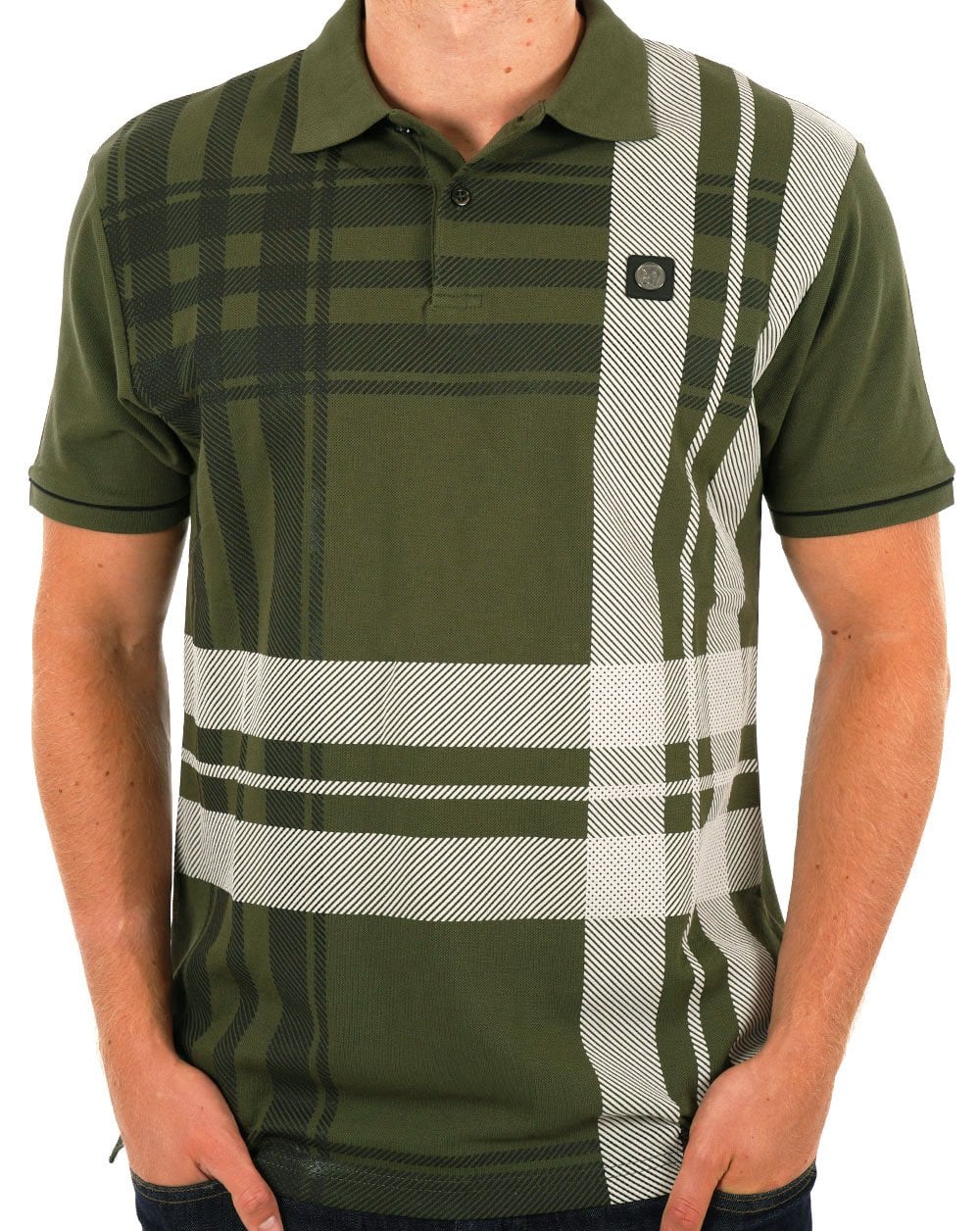 Trojan Check Panel Polo Shirt Army Green - Image 3