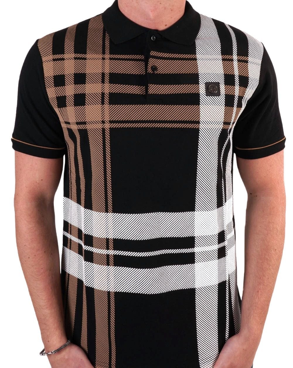 Trojan Check Panel Polo Shirt Black - Image 3