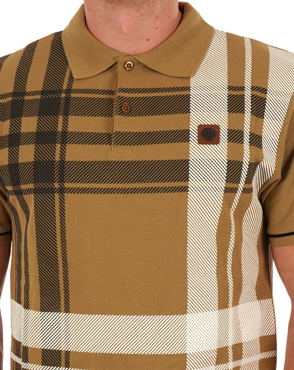 Trojan Check Panel Polo Shirt Camel - Image 2