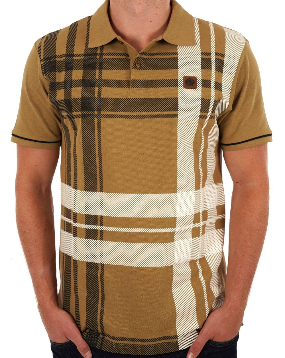 Trojan Check Panel Polo Shirt Camel - Image 3