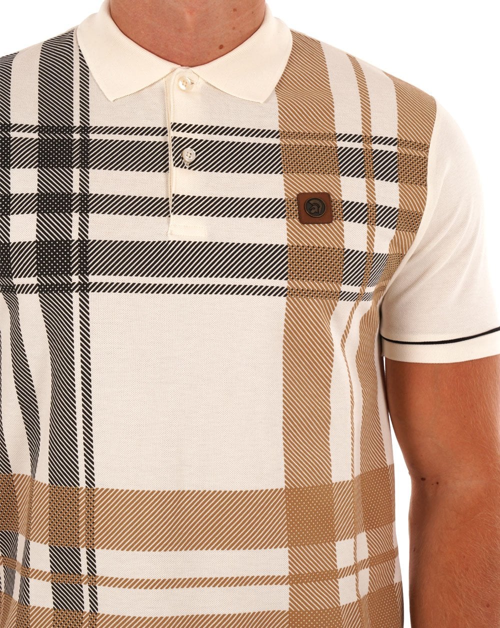 Trojan Check Panel Polo Shirt Ecru - Image 2