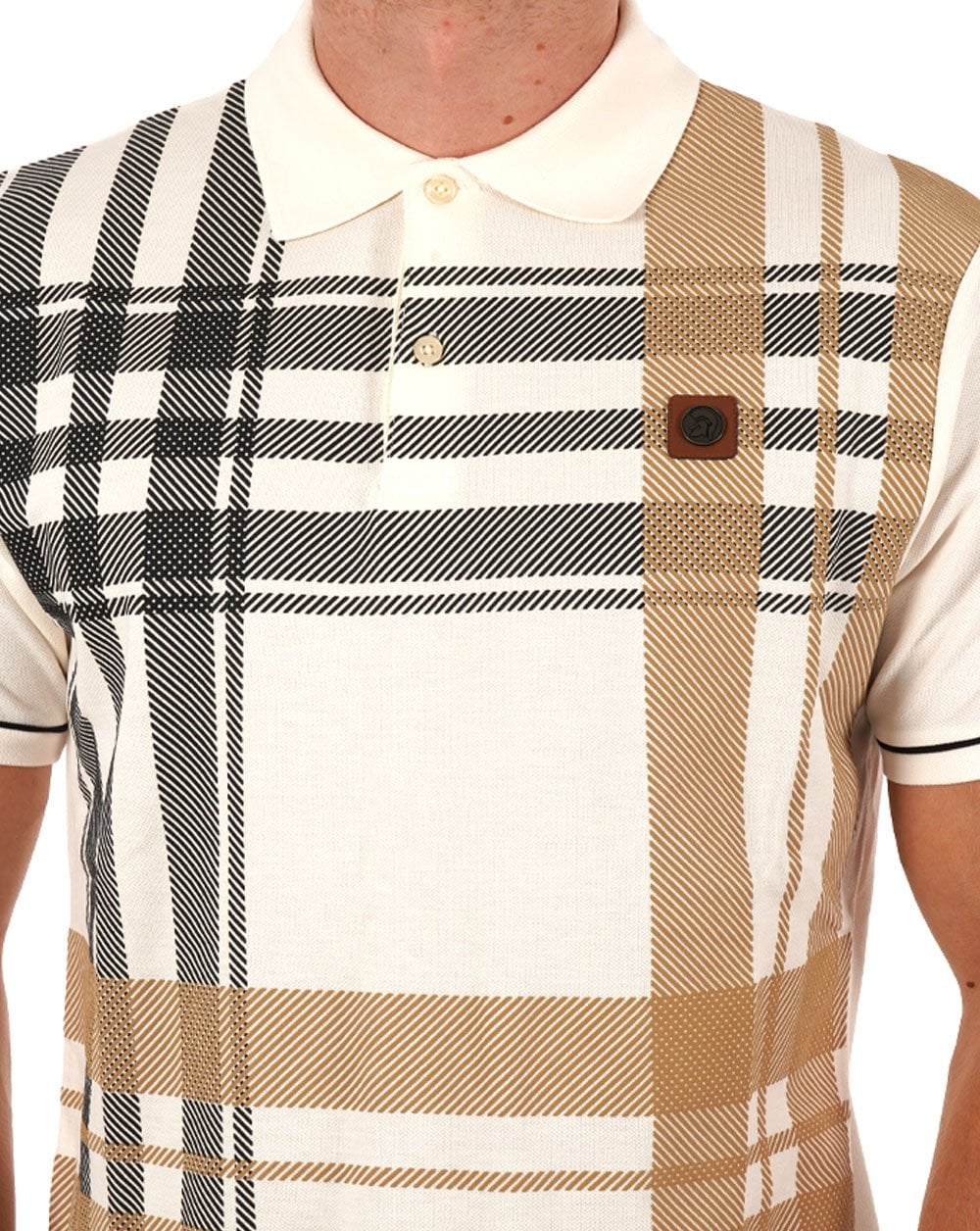 Trojan Check Panel Polo Shirt Ecru/Black - Image 2
