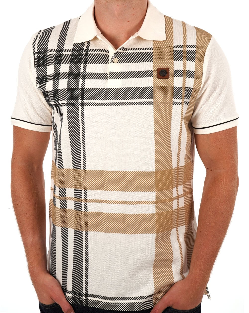 Trojan Check Panel Polo Shirt Ecru/Black - Image 3