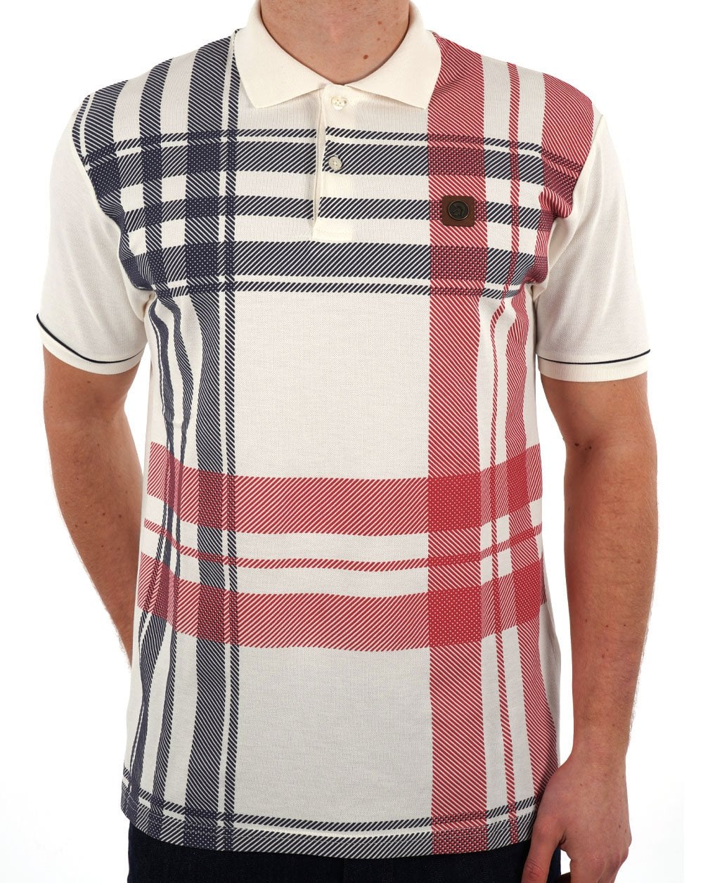 Trojan Check Panel Polo Shirt Ecru/Red