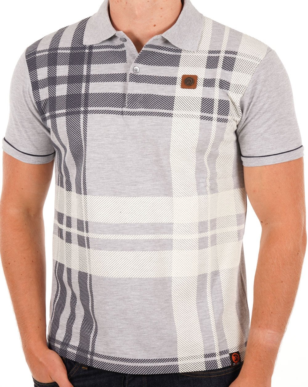 Trojan Check Panel Polo Shirt Grey - Image 3