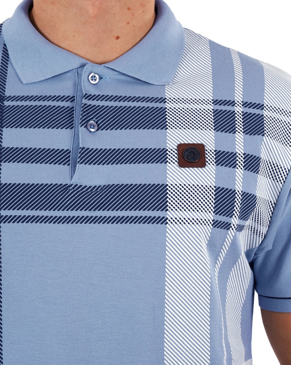 Trojan Check Panel Polo Shirt Sky - Image 2