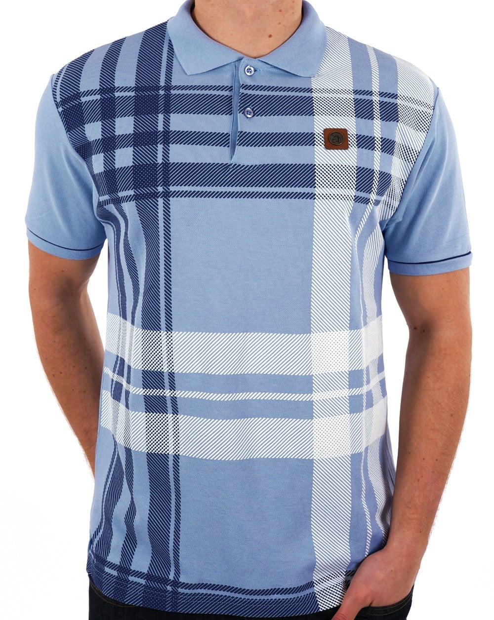 Trojan Check Panel Polo Shirt Sky - Image 3
