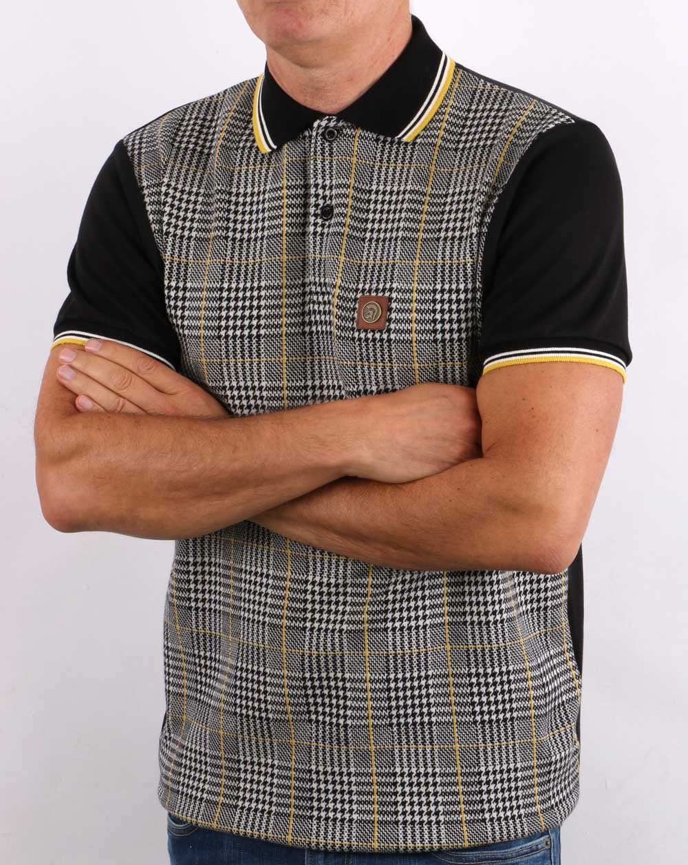 Trojan Checked Polo Shirt Black/Yellow - Image 4