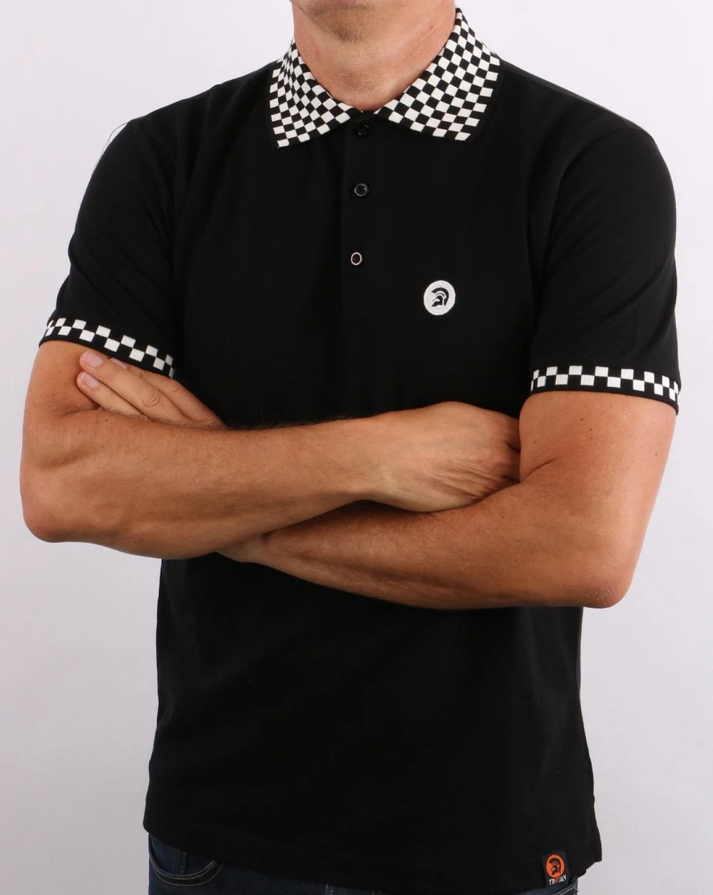 Trojan Chequerboard Polo Shirt Black - Image 3