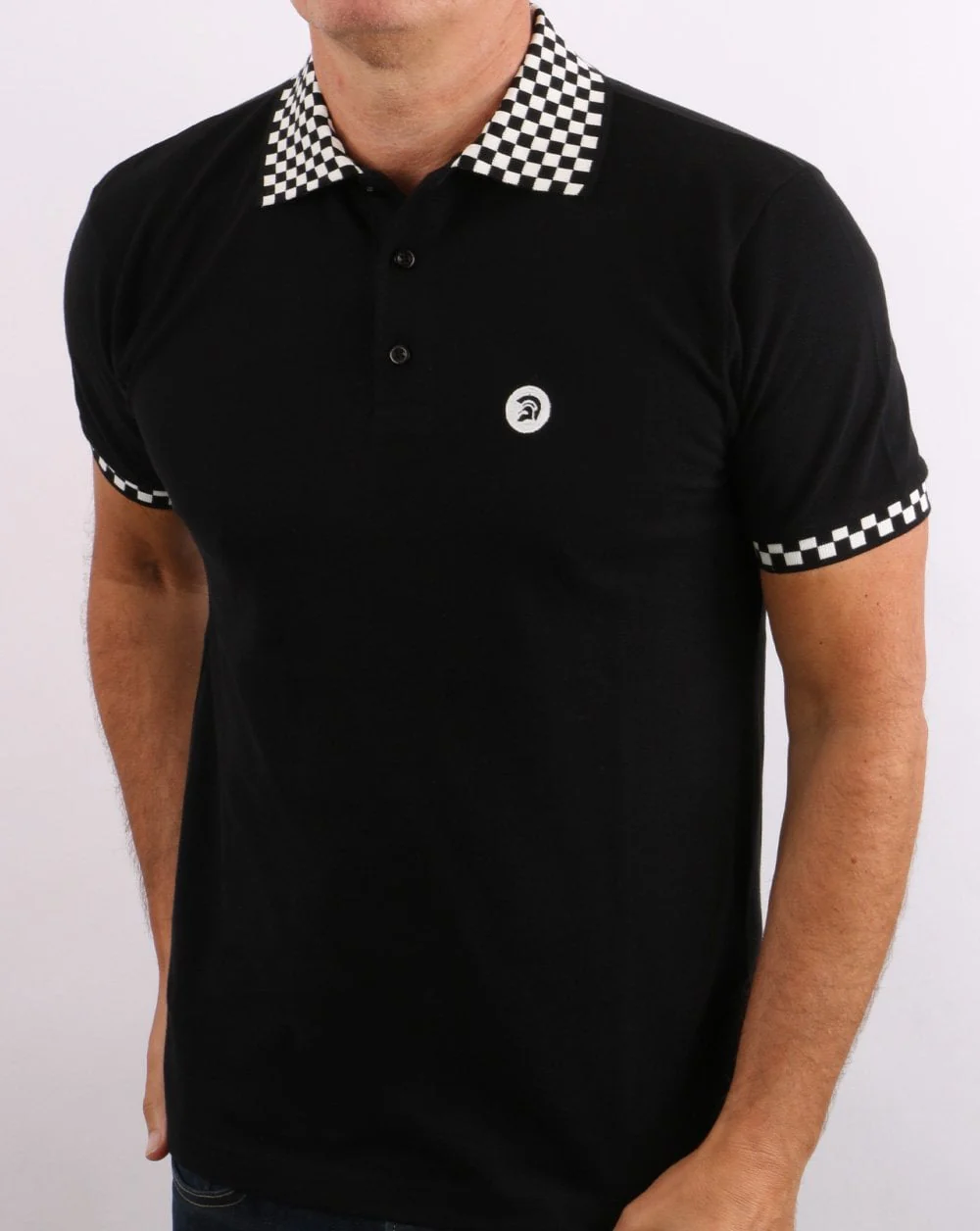 Trojan Chequerboard Polo Shirt Black - Image 4