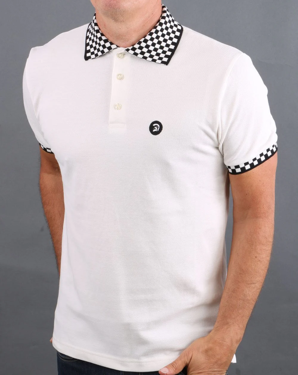 Trojan Chequerboard Polo Shirt Off White - Image 5