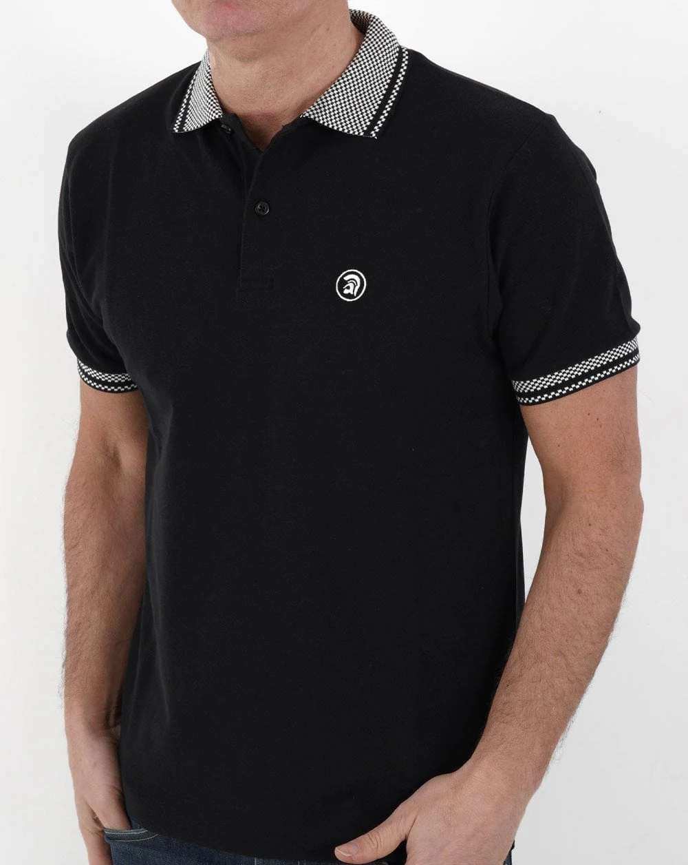 Trojan Chequerboard Trim Polo Shirt Black - Image 3