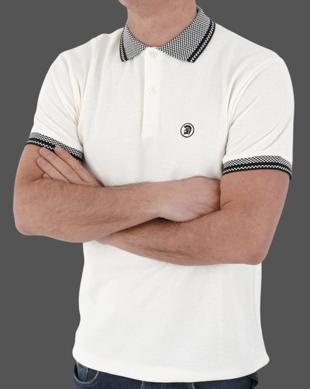Trojan Chequerboard Trim Polo Shirt Ecru - Image 2