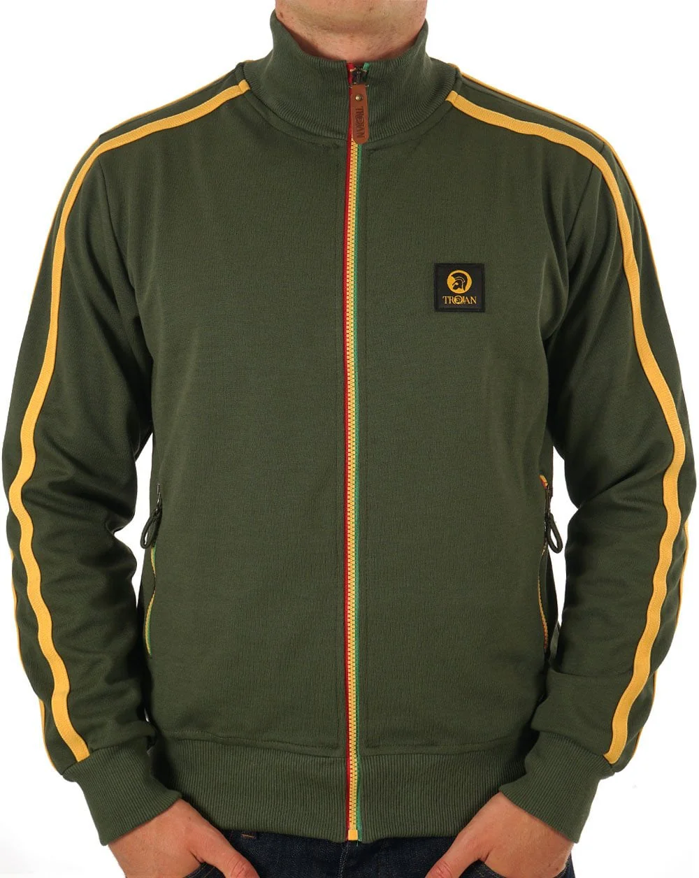 Trojan Contrast Zip Track Top Army Green