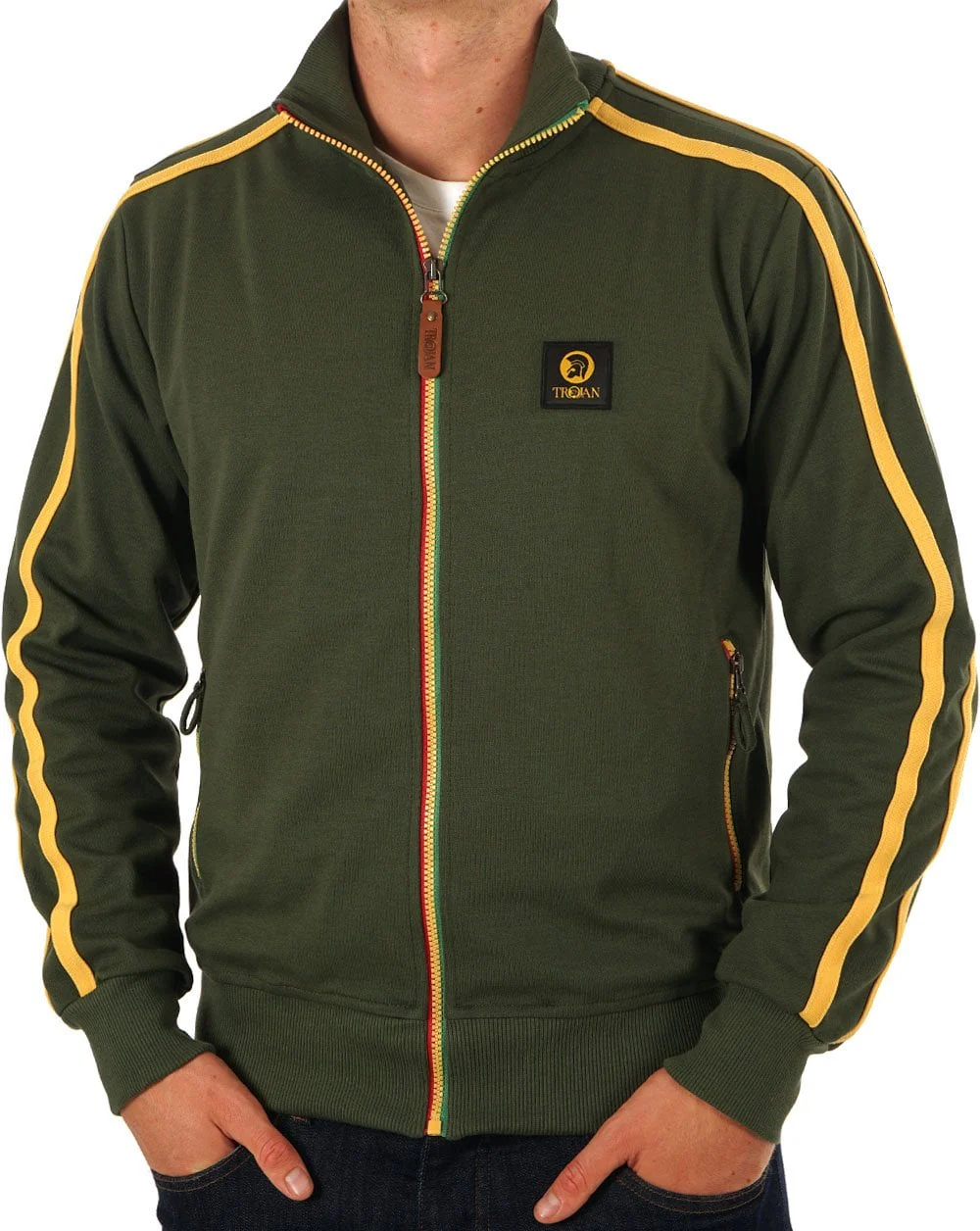 Trojan Contrast Zip Track Top Army Green - Image 3