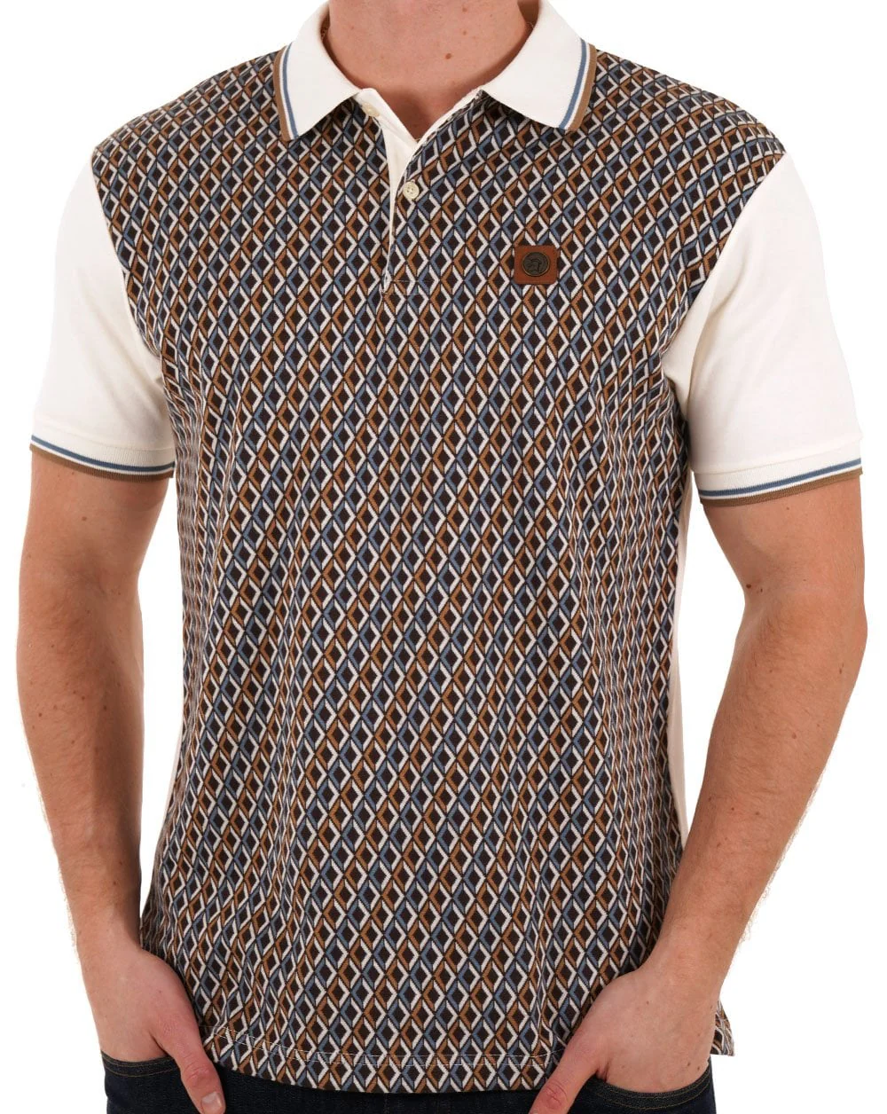 Trojan Diamond Jacquard Panel Polo Ecru - Image 3