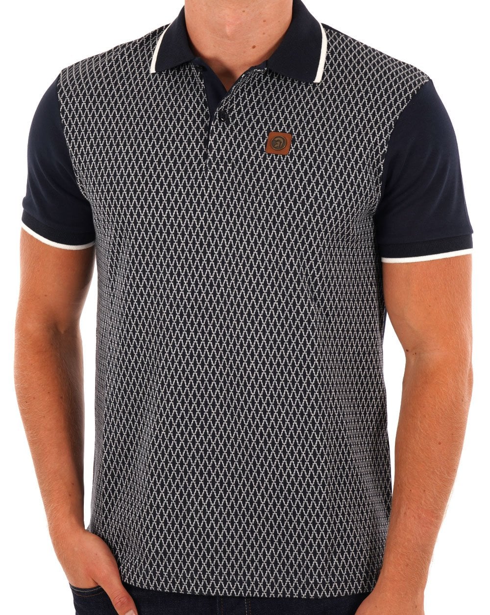 Trojan Geometric Panel Polo Shirt Navy - Image 3