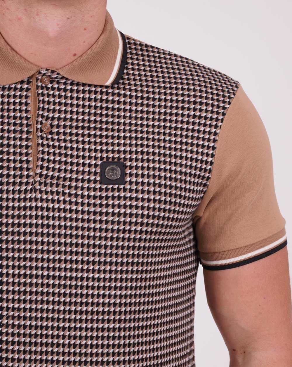 Trojan Geometric Pattern Panel Polo Camel/Navy - Image 2