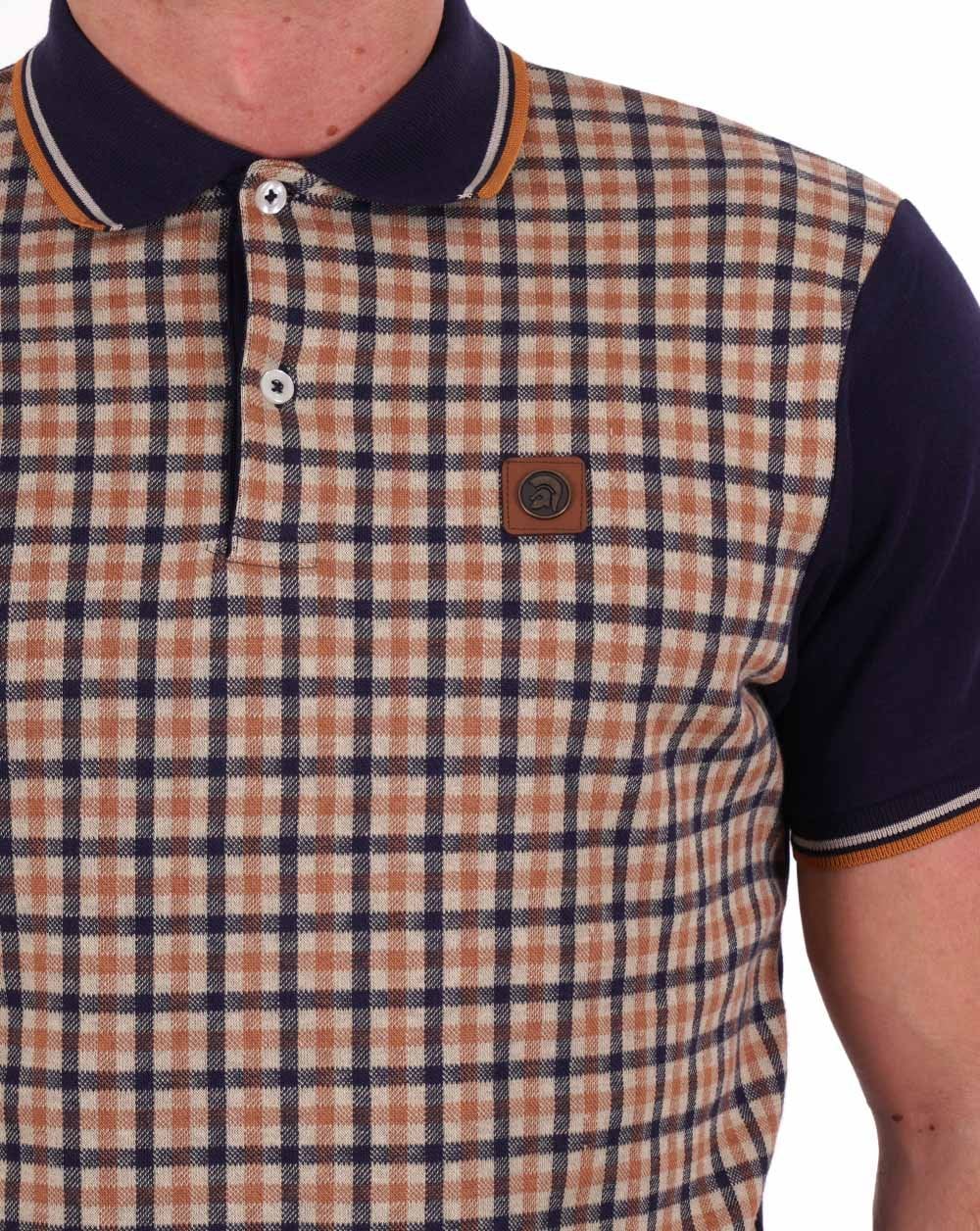 Trojan Gingham Check Panel Polo Navy/Camel - Image 2